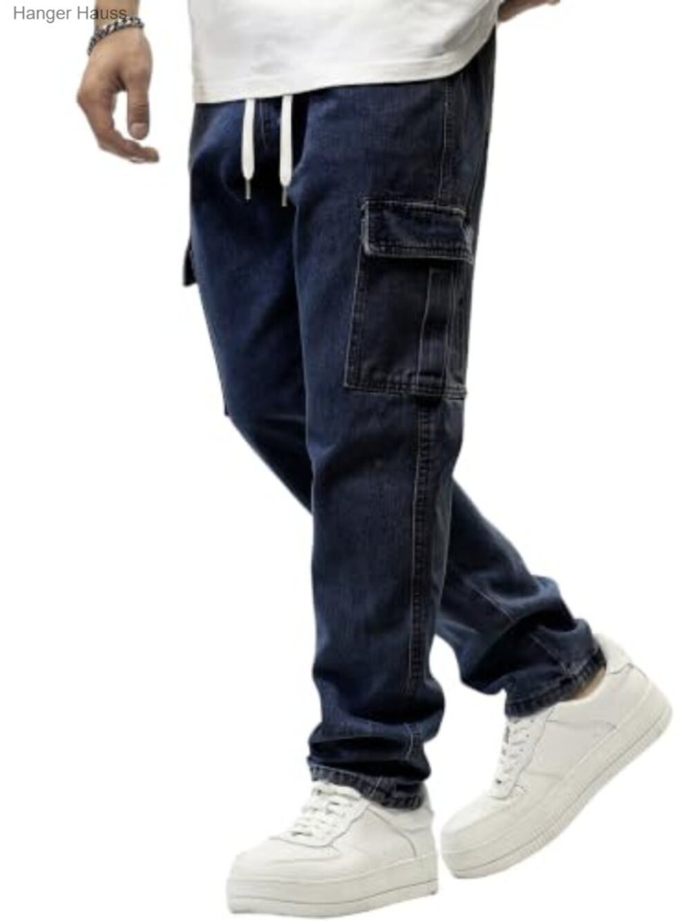 Men's Elastic Waist Cargo Jeans Stretch Denim Drawstring Straight Leg